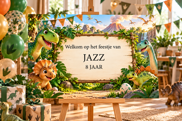 Kinderfeestje welkomstbord Dino – Gepersonaliseerd met naam & leeftijd