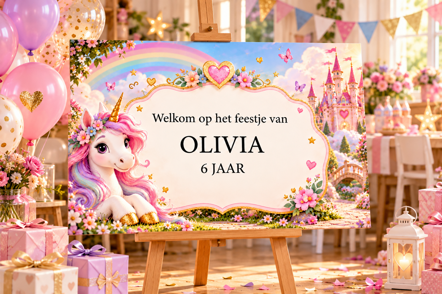 Kinderfeestje welkomstbord Unicorn – Gepersonaliseerd met naam & leeftijd