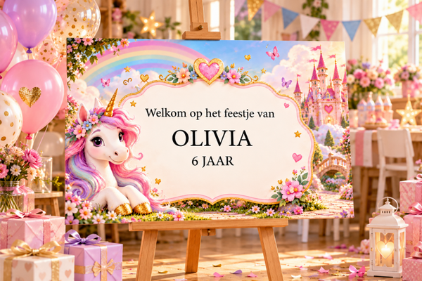Kinderfeestje welkomstbord Unicorn – Gepersonaliseerd met naam & leeftijd