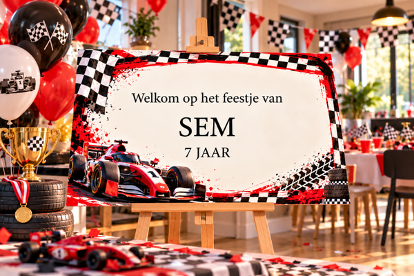 Kinderfeestje welkomstbord Raceauto– Gepersonaliseerd met naam & leeftijd