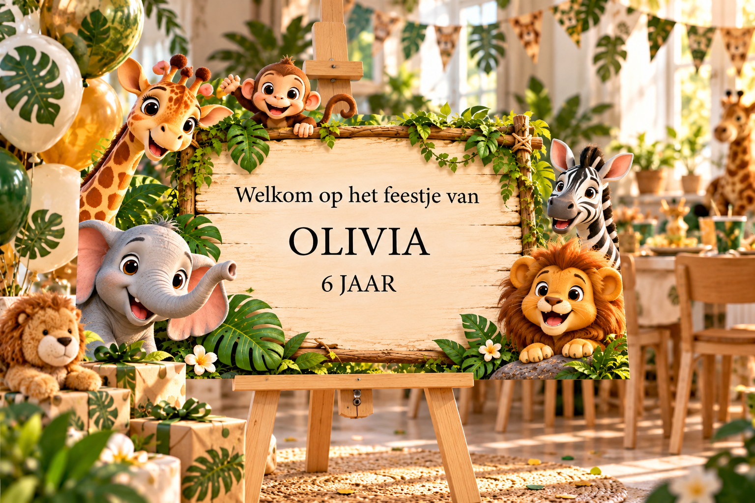 Kinderfeestje welkomstbord Jungle Safari – Gepersonaliseerd met naam & leeftijd