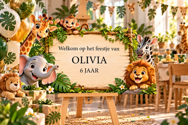 Kinderfeestje welkomstbord Jungle Safari – Gepersonaliseerd met naam & leeftijd