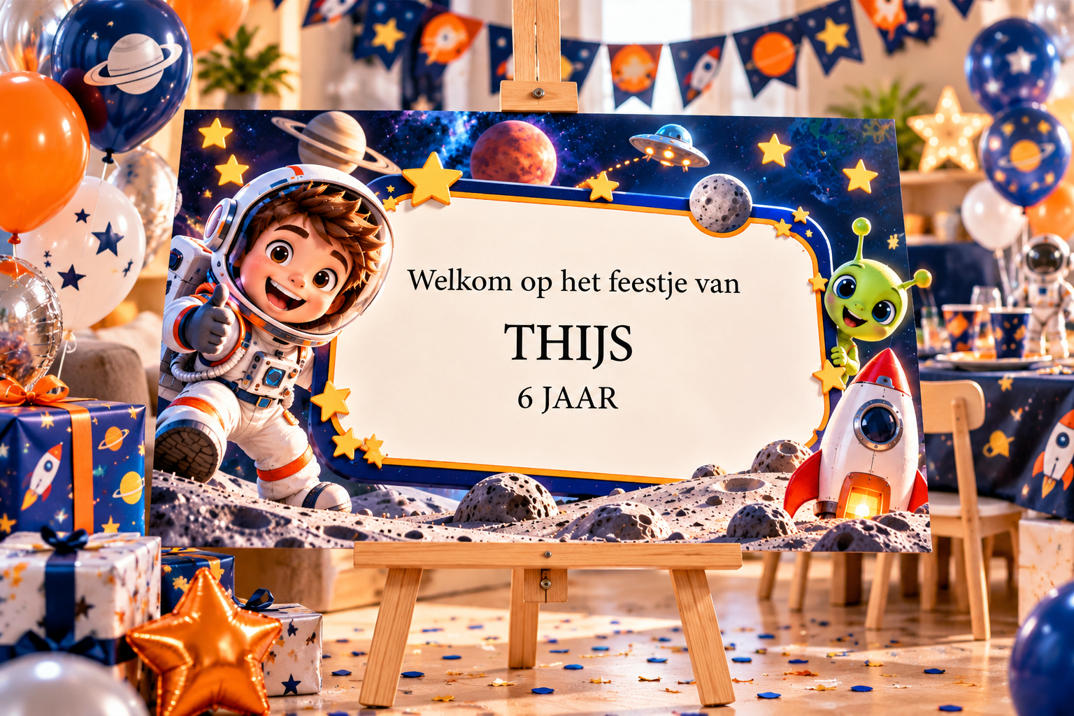 Kinderfeestje welkomstbord Ruimtevaart – Gepersonaliseerd met naam & leeftijd