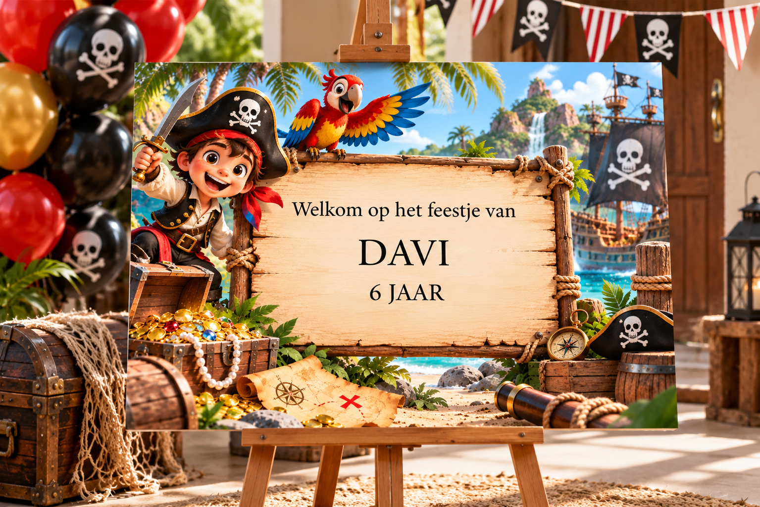 Kinderfeestje welkomstbord Piraten – Gepersonaliseerd met naam & leeftijd