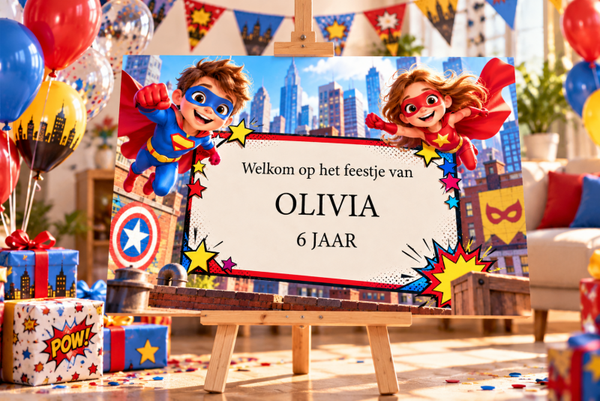 Kinderfeestje welkomstbord Superheld – Gepersonaliseerd met naam & leeftijd