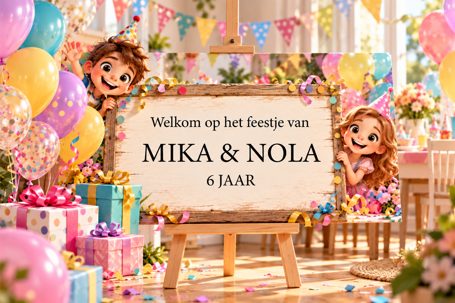 Kinderfeestje welkomstbord Verjaardag – Gepersonaliseerd met naam & leeftijd