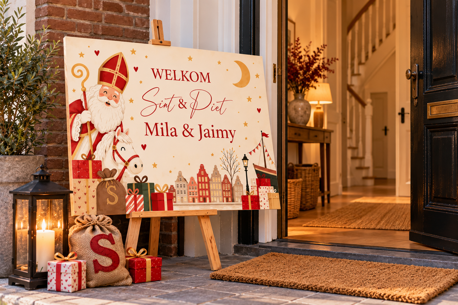 Sinterklaas welkomstbord Sint & Piet – Gepersonaliseerd met naam