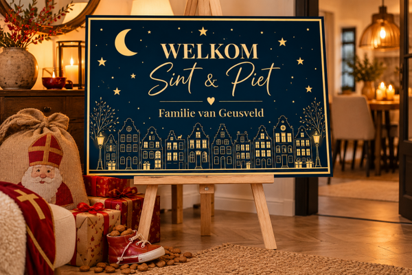 Sinterklaas welkomstbord donkerblauw & goud – Gepersonaliseerd met naam