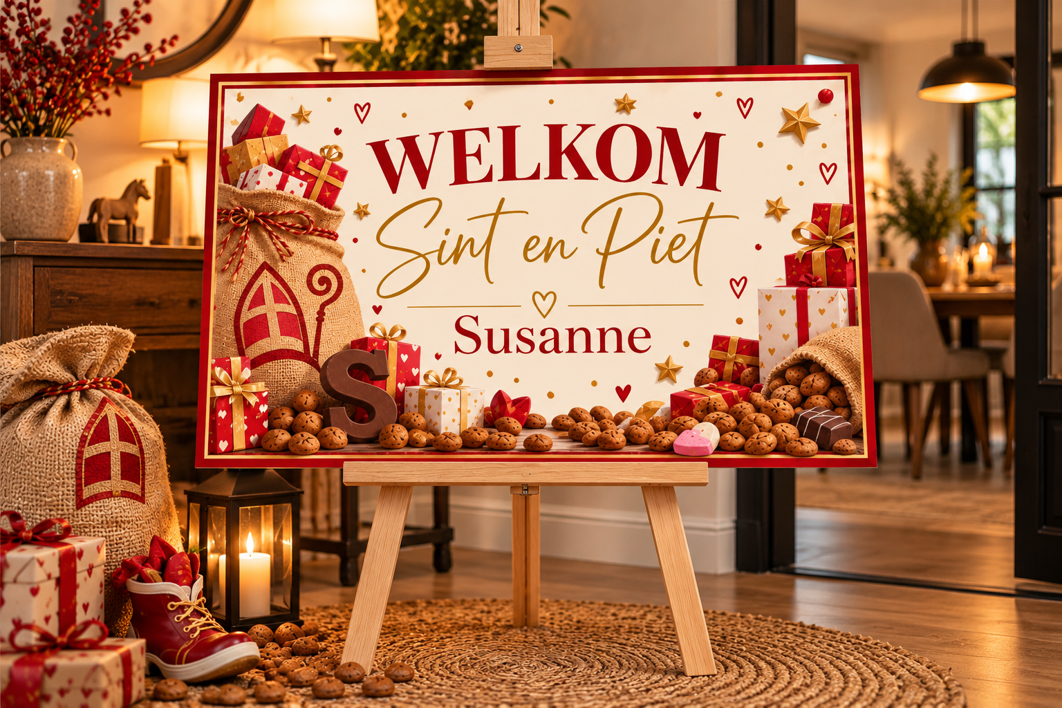 Sinterklaas welkomstbord rood & goud – Gepersonaliseerd met naam