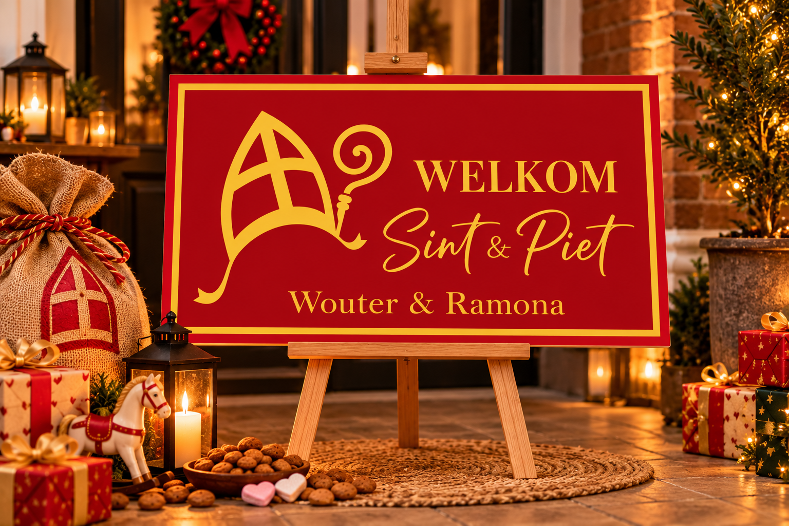Sinterklaas welkomstbord rood & goud minimalistisch – Gepersonaliseerd met naam