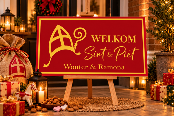 Sinterklaas welkomstbord rood & goud minimalistisch – Gepersonaliseerd met naam
