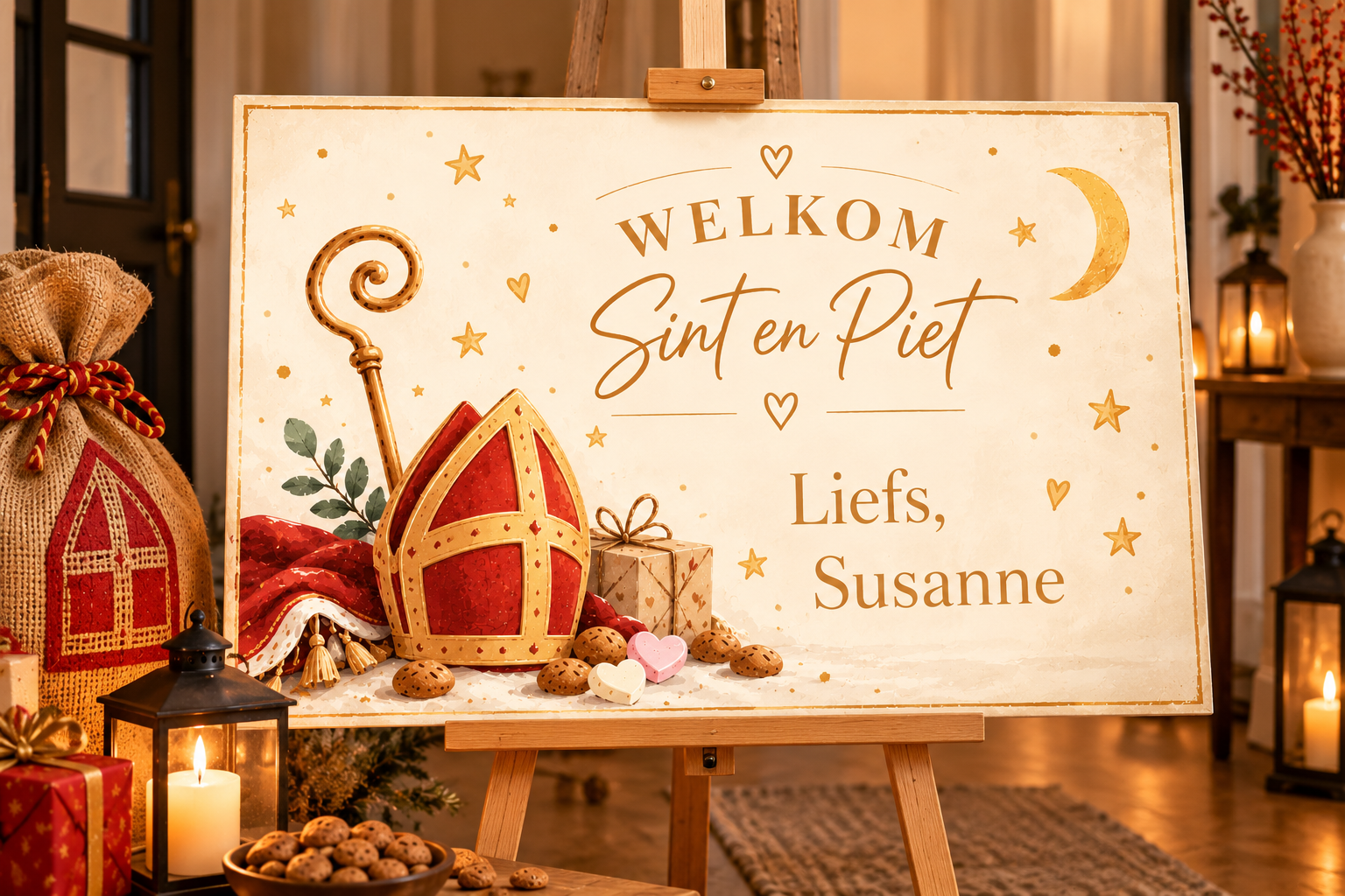 Sinterklaas welkomstbord crème & goud – Gepersonaliseerd met naam
