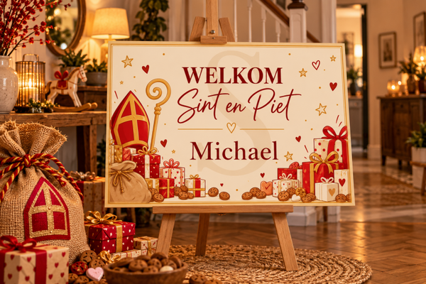 Sinterklaas welkomstbord crème & rood – Gepersonaliseerd met naam