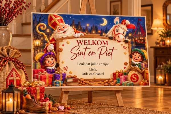 Sinterklaas welkomstbord Sint, paard & Pieten – Gepersonaliseerd met naam