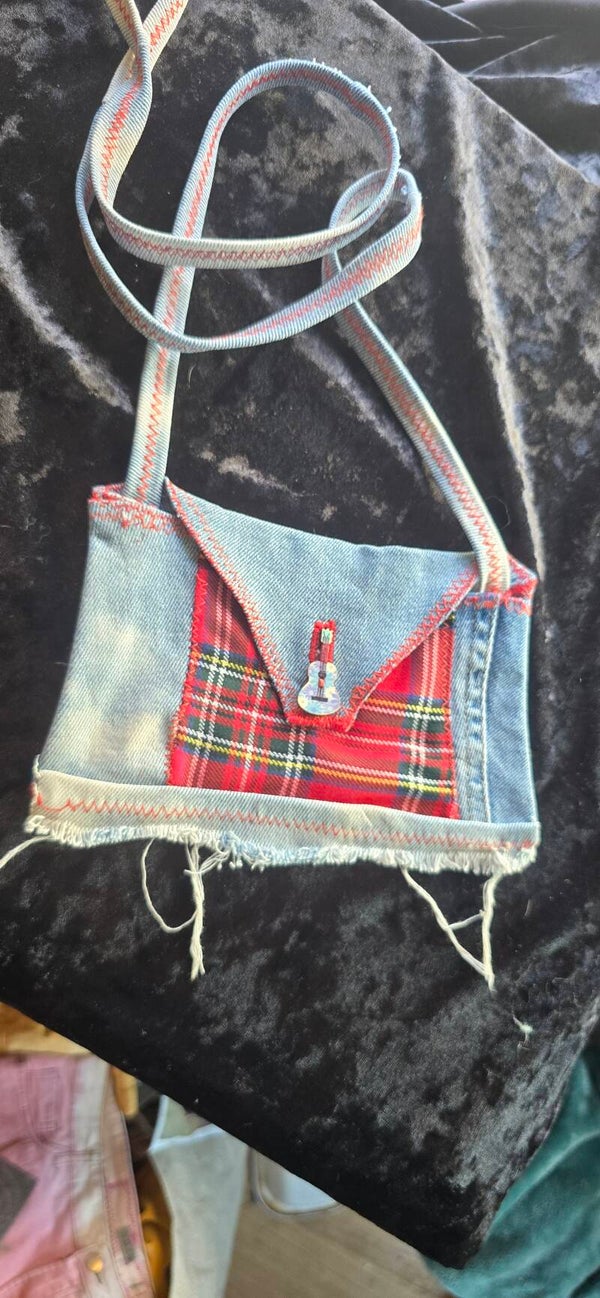 Kids denim and tartan bag