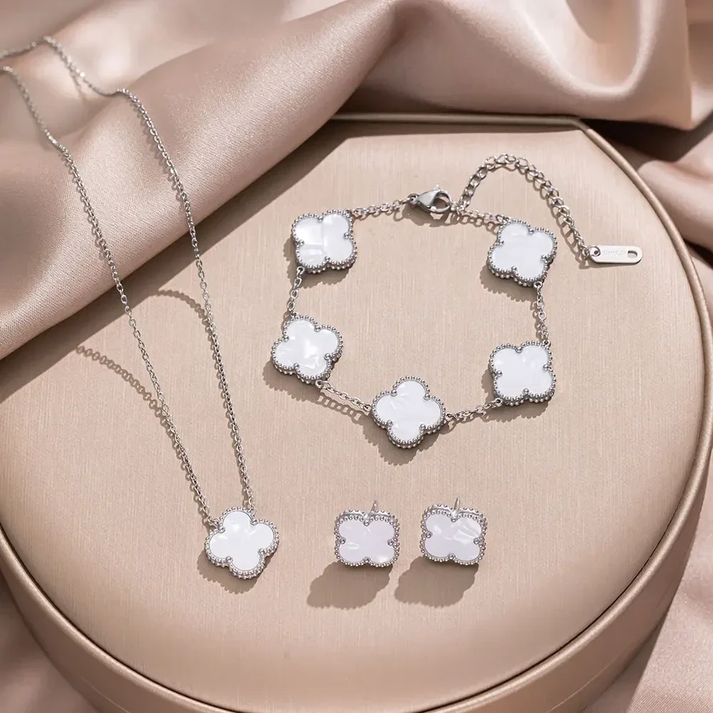 3 Pieces/Sets 15MM 4 Four Leaf Clover Jewelry Set White Shell Clover Flower Silver Color Stainless Steel Jewelry Set