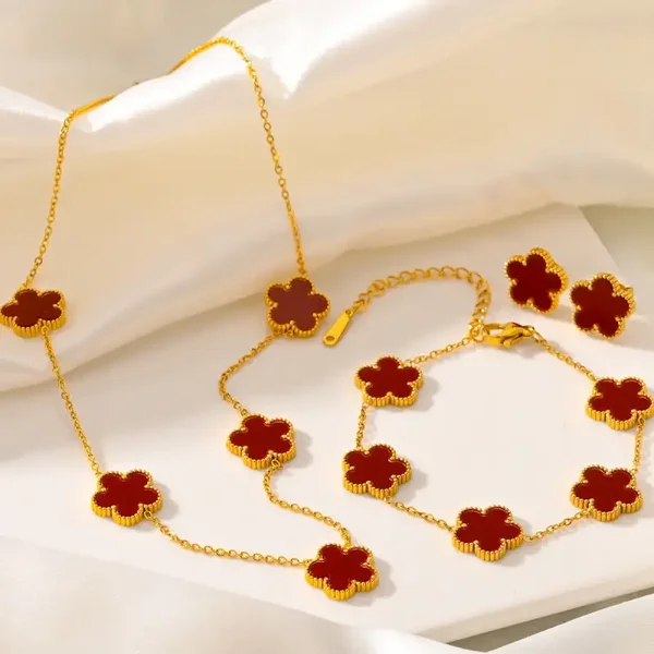 3 Pc Clover Jewelry Set Gold Plated Stainless steel jewelry, Necklace Earrings Bracelet Set