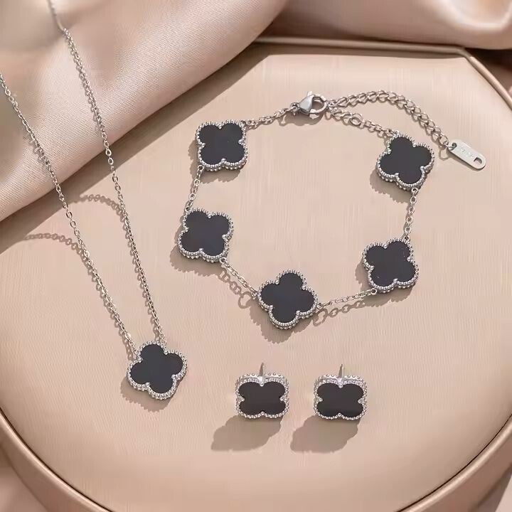 3 Pc Fashion Ins Four -leaf Clover Jewelry Set Silver Plated Stainless steel jewelry