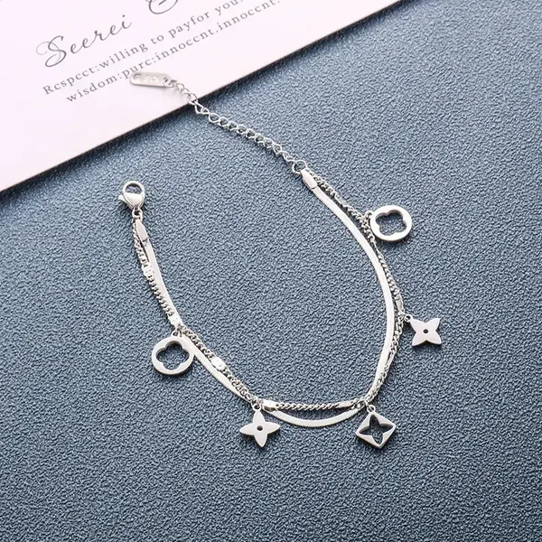 Flat Blade Chain Hollow 4 Four Leaf Clover Flower Bracelet 18K Stainless Steel Double Layers Clover Bracelet