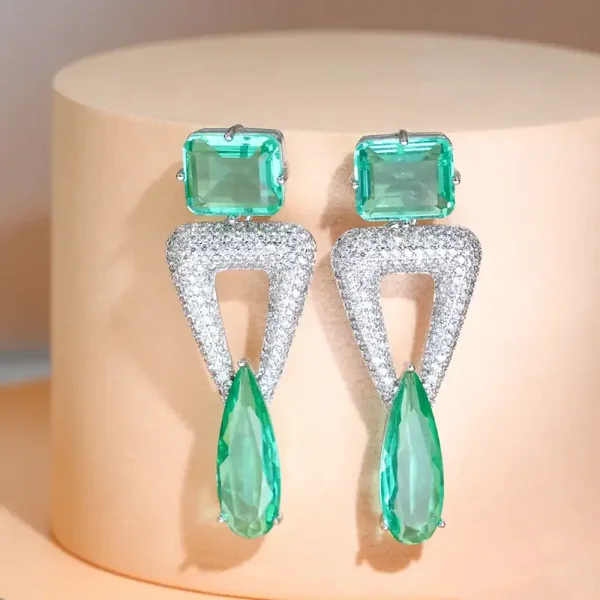 . Triangle Green Water Drop Cubic Zirconia Long Dangling Drop Earrings