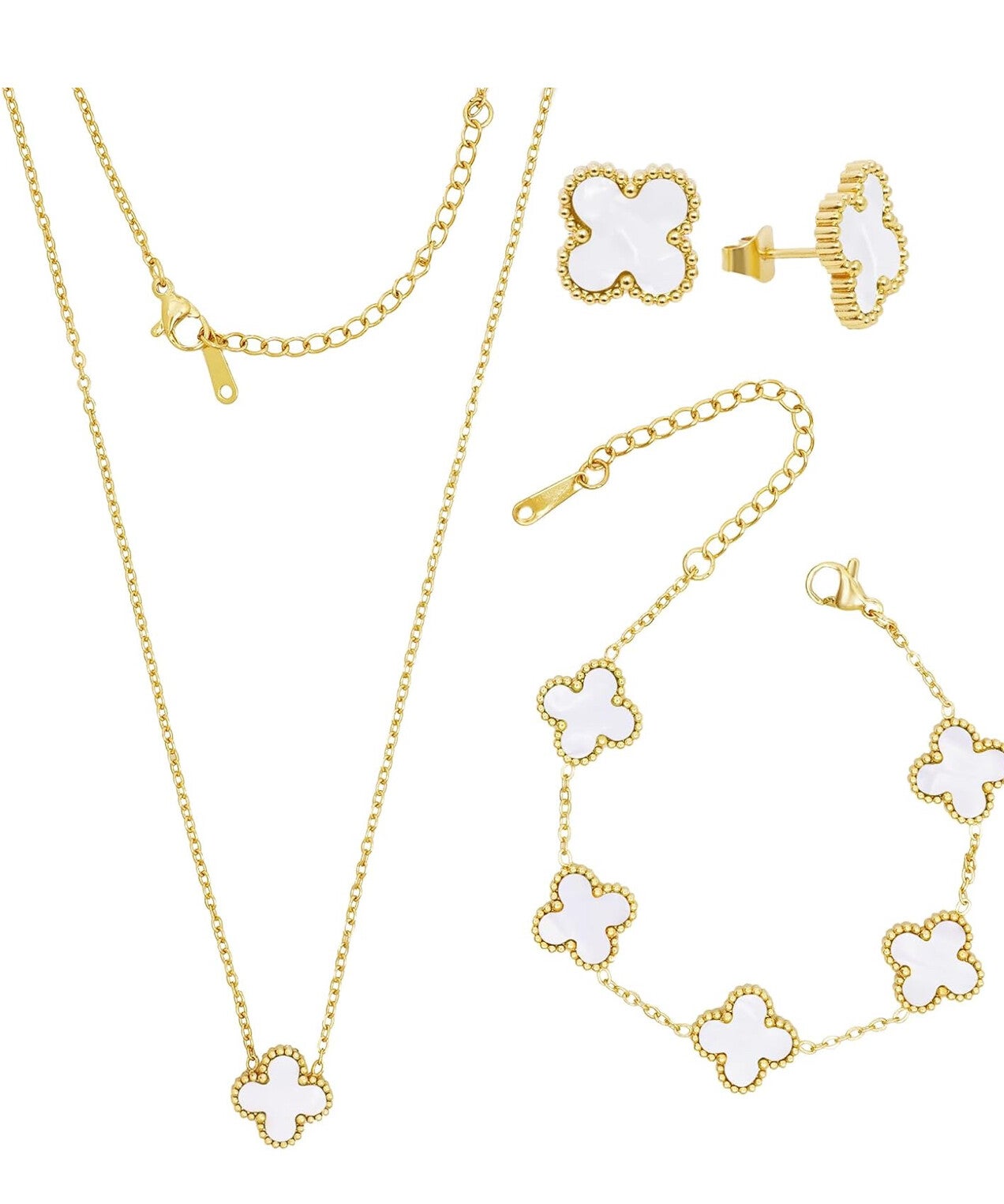3 Pc Clover Jewelry Set Gold Plated Stainless steel Jewelry,Necklace Earrings Bracelet Set