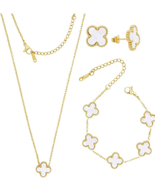 3 Pc Clover Jewelry Set Gold Plated Stainless steel Jewelry,Necklace Earrings Bracelet Set