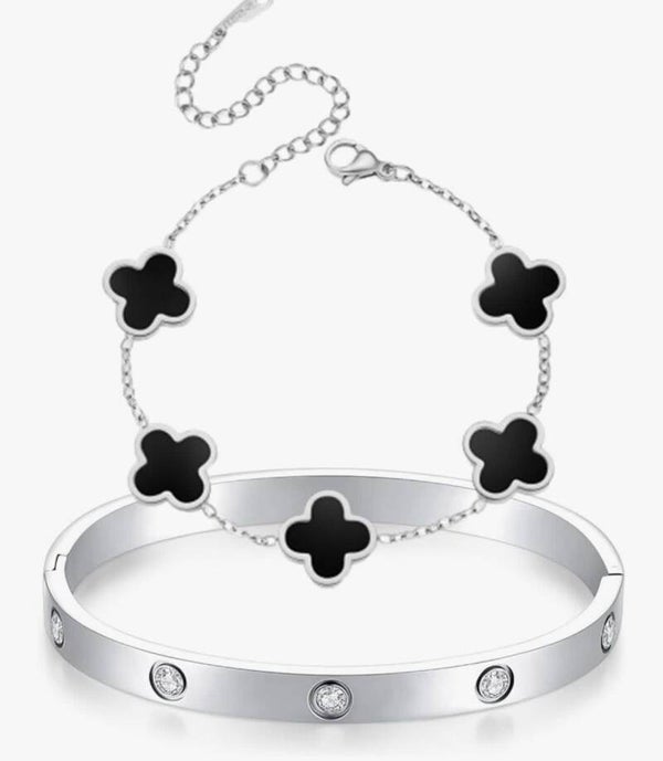 2 pc Fashion Ins leaf Clover Jewelry Set Silver  Plated Stainless steel jewelry