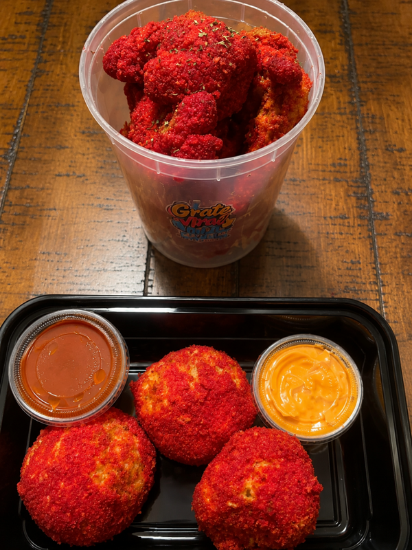 BUFFALO CHICKEN DIP BALLS /BOUDIN BALLS &HOT FLAMING CHETTOS