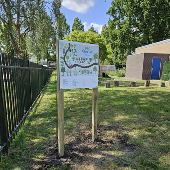 Plattegrond van Studio Bieb voor het ABClaantje van Auris met 26 soorten bomen en platen voor educatie.