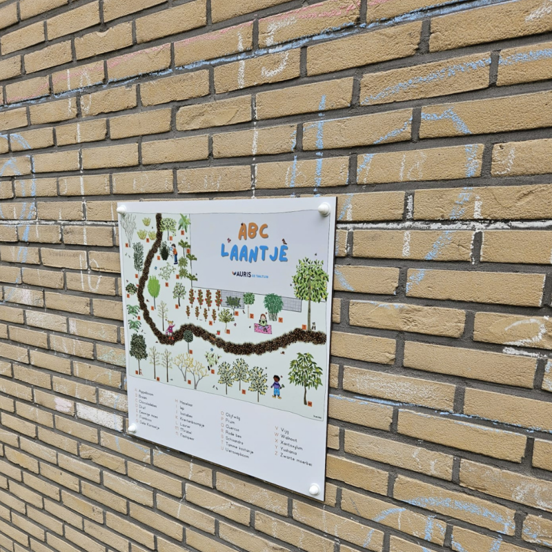 Plattegrond van het ABC laantje met 26 soorten bomen en planten op de muur , voor mooie lessen voor de kinderen. 