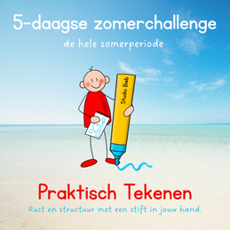 Afbeelding ter promotie van de zomerchallenge van Praktisch Tekenen, Een poppetje met een stift op een heerlijk zonnig strand.