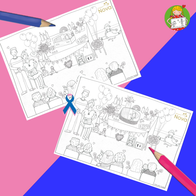 Twee kleurplaten over de uitvaart van een baby. Op een kleurplaat de baby in een mandje en op de ander in een kistje. 