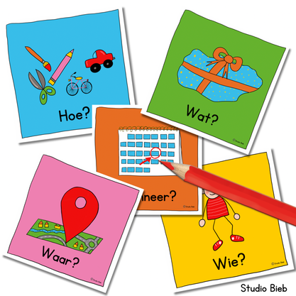 5 kaartjes met vrolijke afbeeldingen van Studio Bieb bij de vraagwoorden Wie? Wat? Waar? Wanneer? en Hoe?