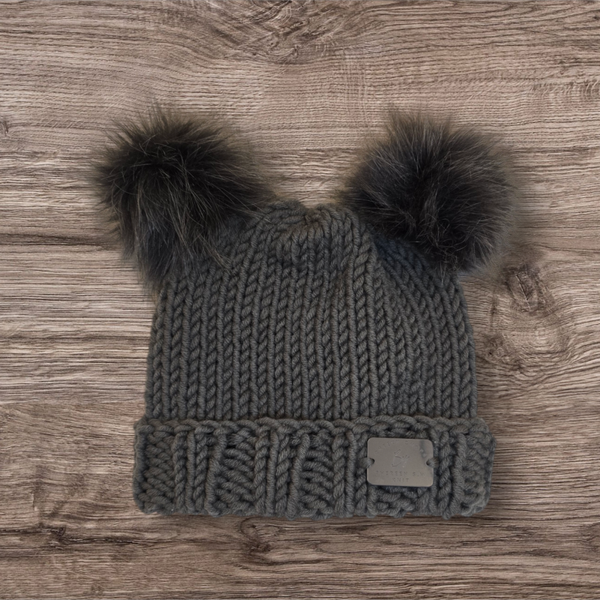 Dk Grey Double Faux Fox Fur Pom Pom Hat