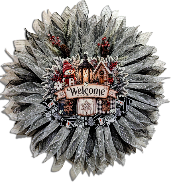 Snowman Welcome - Black & White 26" Christmas Wreath