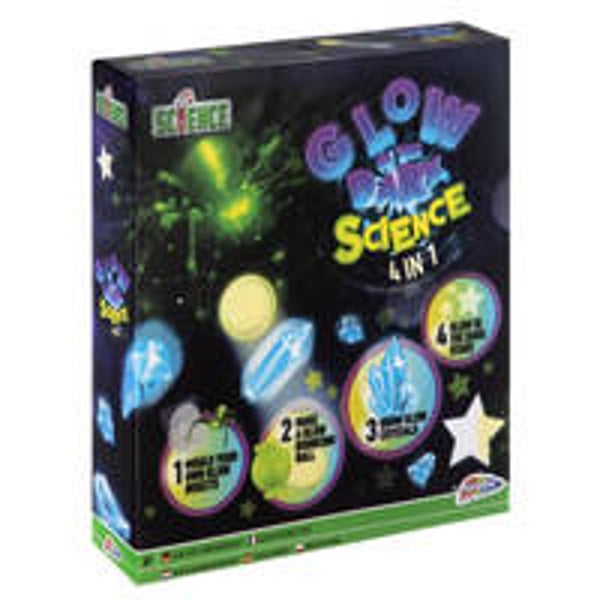 Grafix 4 in 1 Experimenteerdoos Glow in the Dark | Wetenschap speelgoed | Glow in the Dark stuiterbal - Groeiende Glow Kristallen - Glow in the Dark Sterren -
