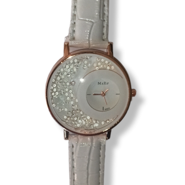Dames horloge - Witte leder look band - Met diamanten ingelegd