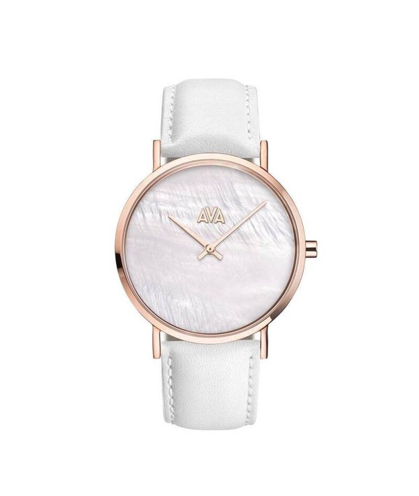 AVA Mani Rosaguld Vit Pärla - Dameshorloge - Witte leren band - Rosékleurig - Parelmoer - Ø 38mm - Limited Edition