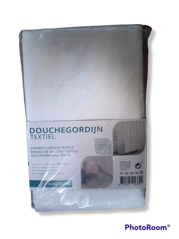 Douchegordijn textiel - Wit met grijs - 180 x 200