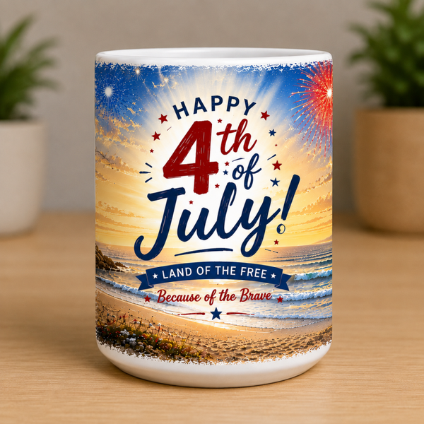 Happy 4th of July Land of the Free 15oz Ceramic Mug – Patriotic Independence Day Coffee Cup