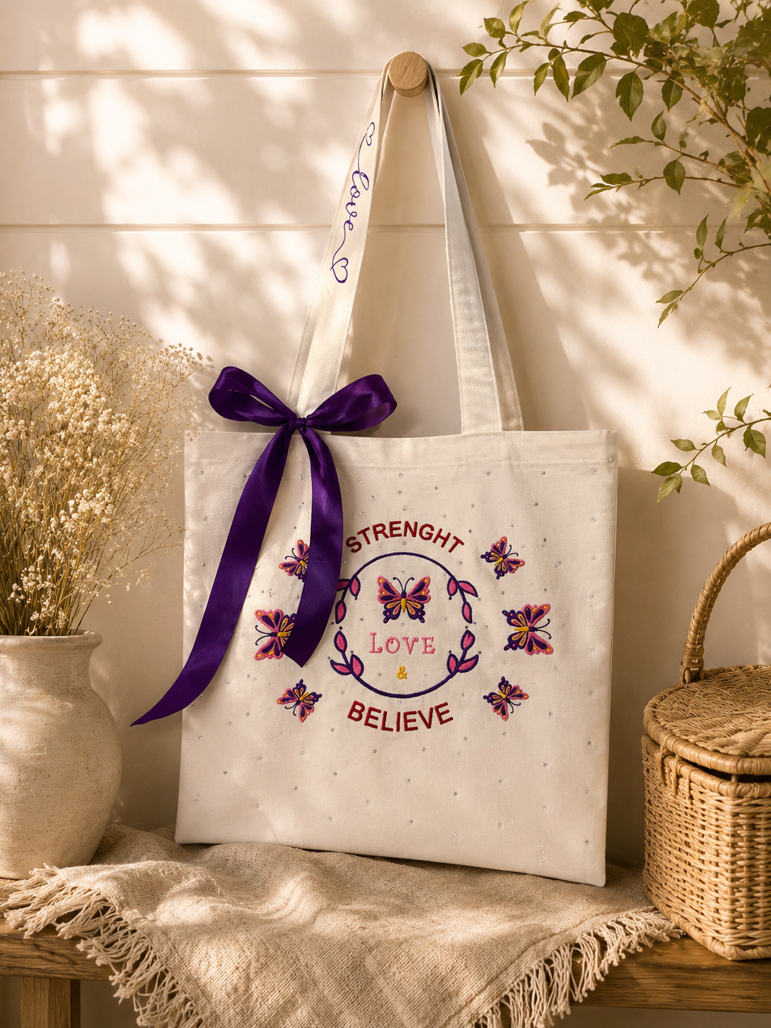 Butterfly Embroidered Canvas Tote Bag – Strength • Love • Believe