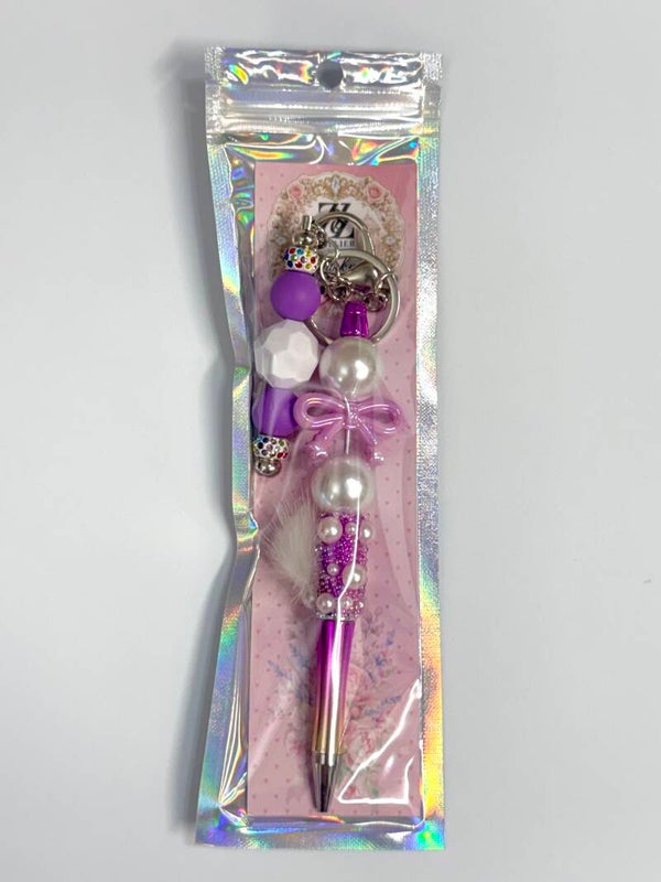 💜 Beaded Purple & Pearl Pen with Keychain