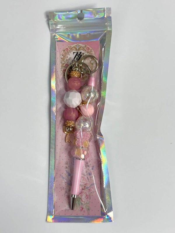 🌸 Pink & Pearl Beaded Pen with Keychain