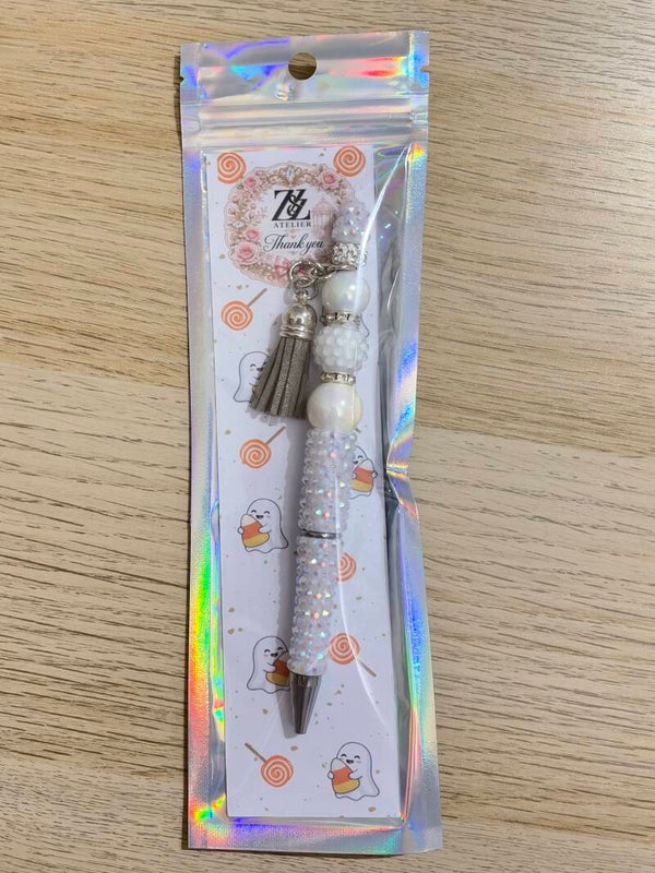 🤍 White Pearl Glam Beadable Pen with Gray Tassel | Z&Z Atelier