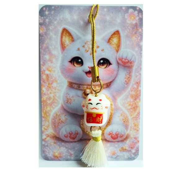 Strap porte-bonheur Maneki Neko blanc – Pompon blanc