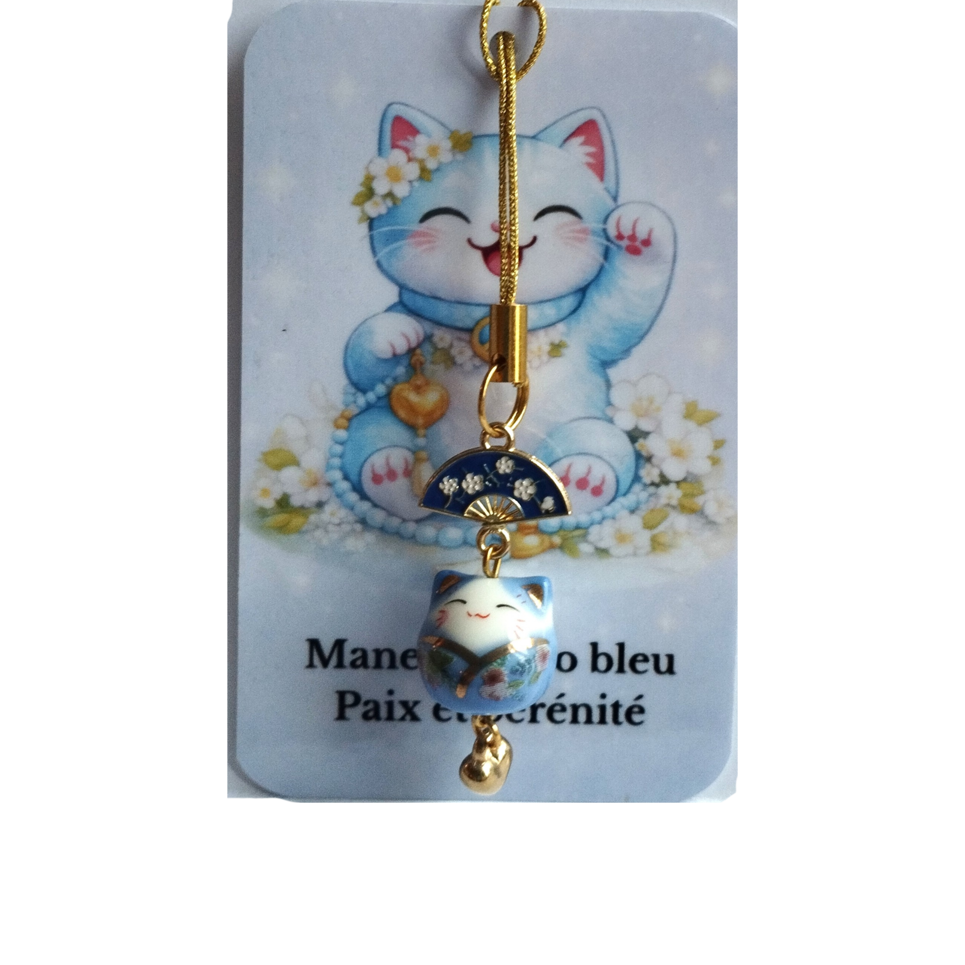 Strap porte-bonheur Maneki Neko bleu – Éventail japonais