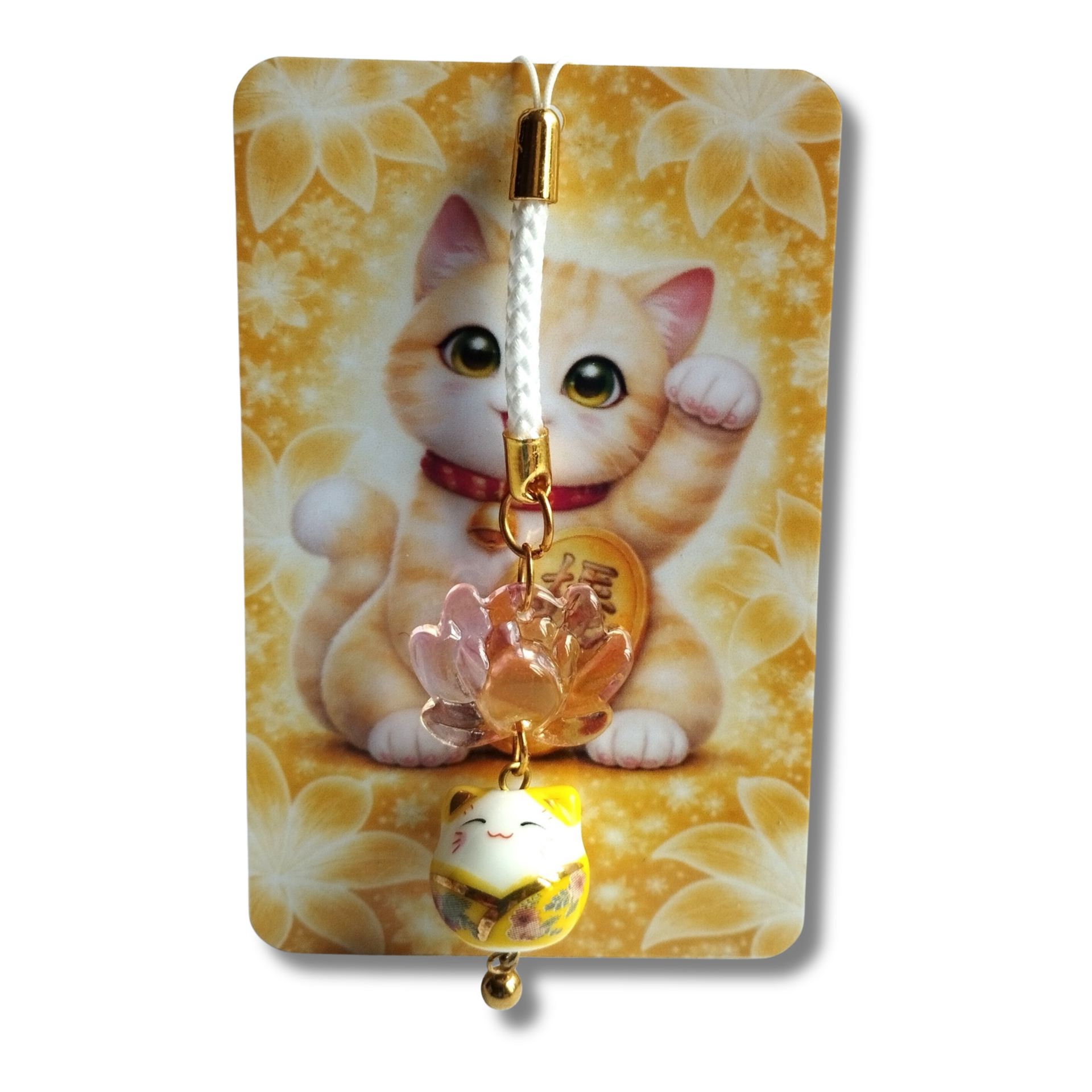 Strap porte-bonheur Maneki Neko jaune – Fleur de Lotus