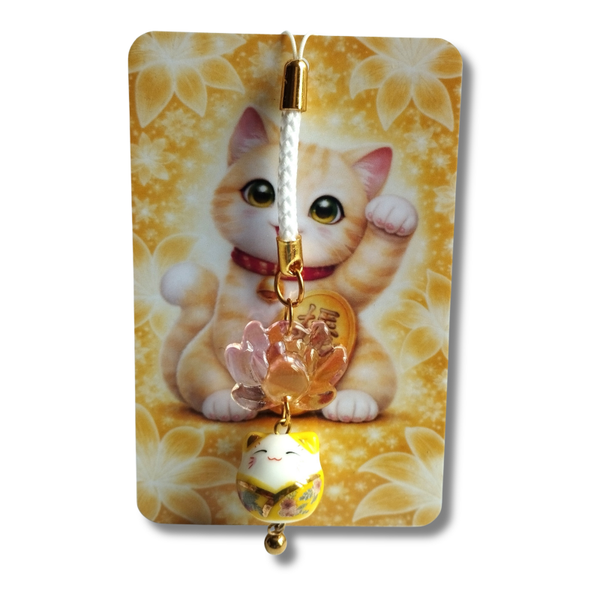 Strap porte-bonheur Maneki Neko jaune – Fleur de Lotus