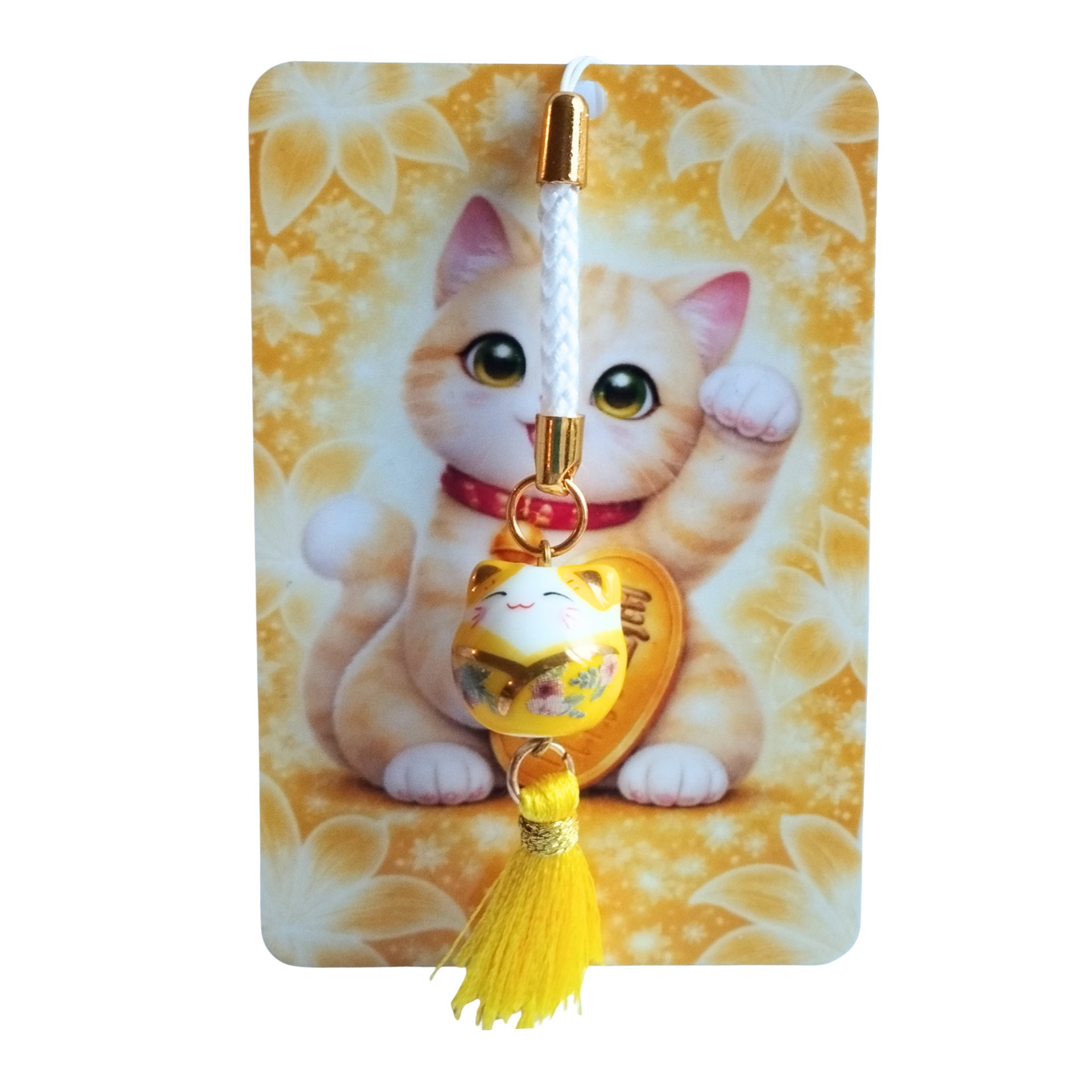 Strap porte-bonheur Maneki Neko jaune – Pompon jaune
