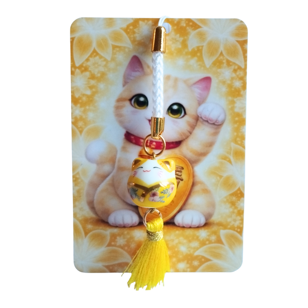 Strap porte-bonheur Maneki Neko jaune – Pompon jaune